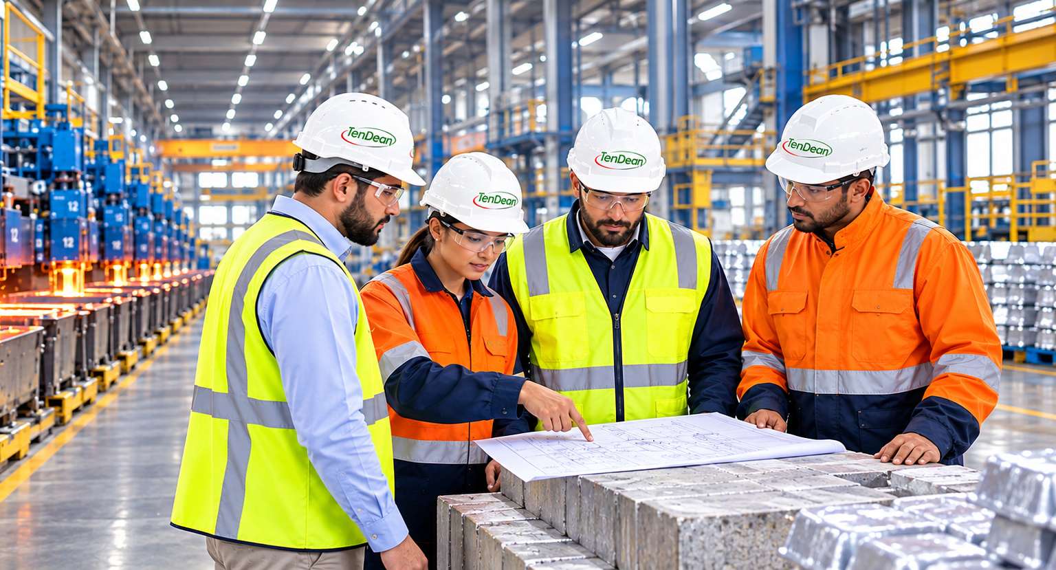 Illustrative image of industrial workers reviewing plans on site