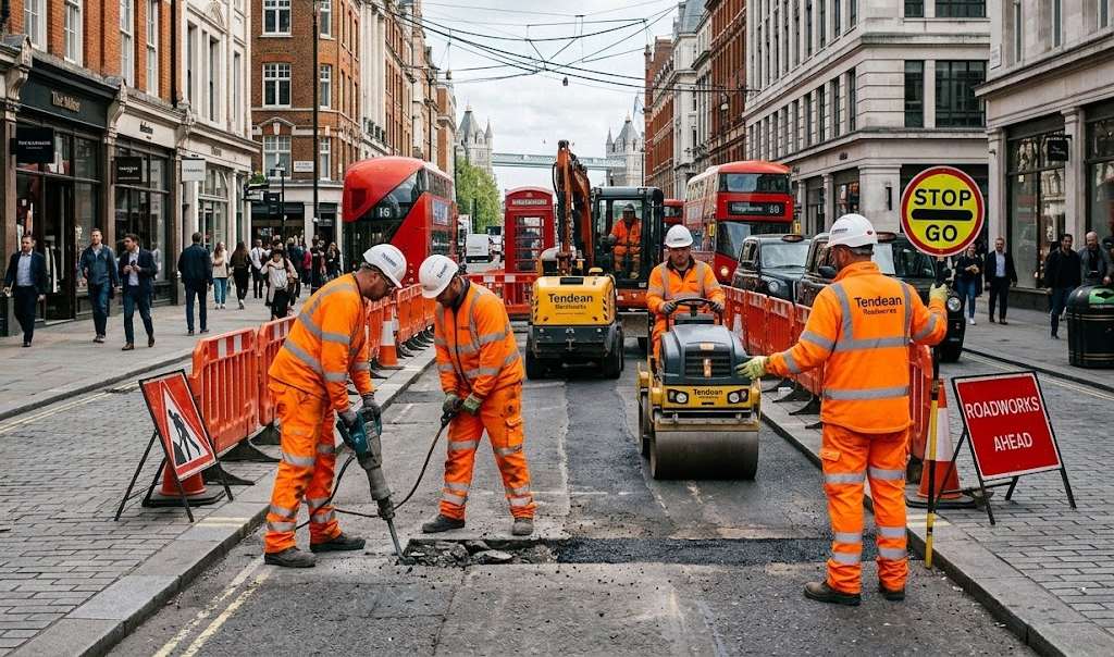 Illustrative image of a highway resurfacing crew at work
